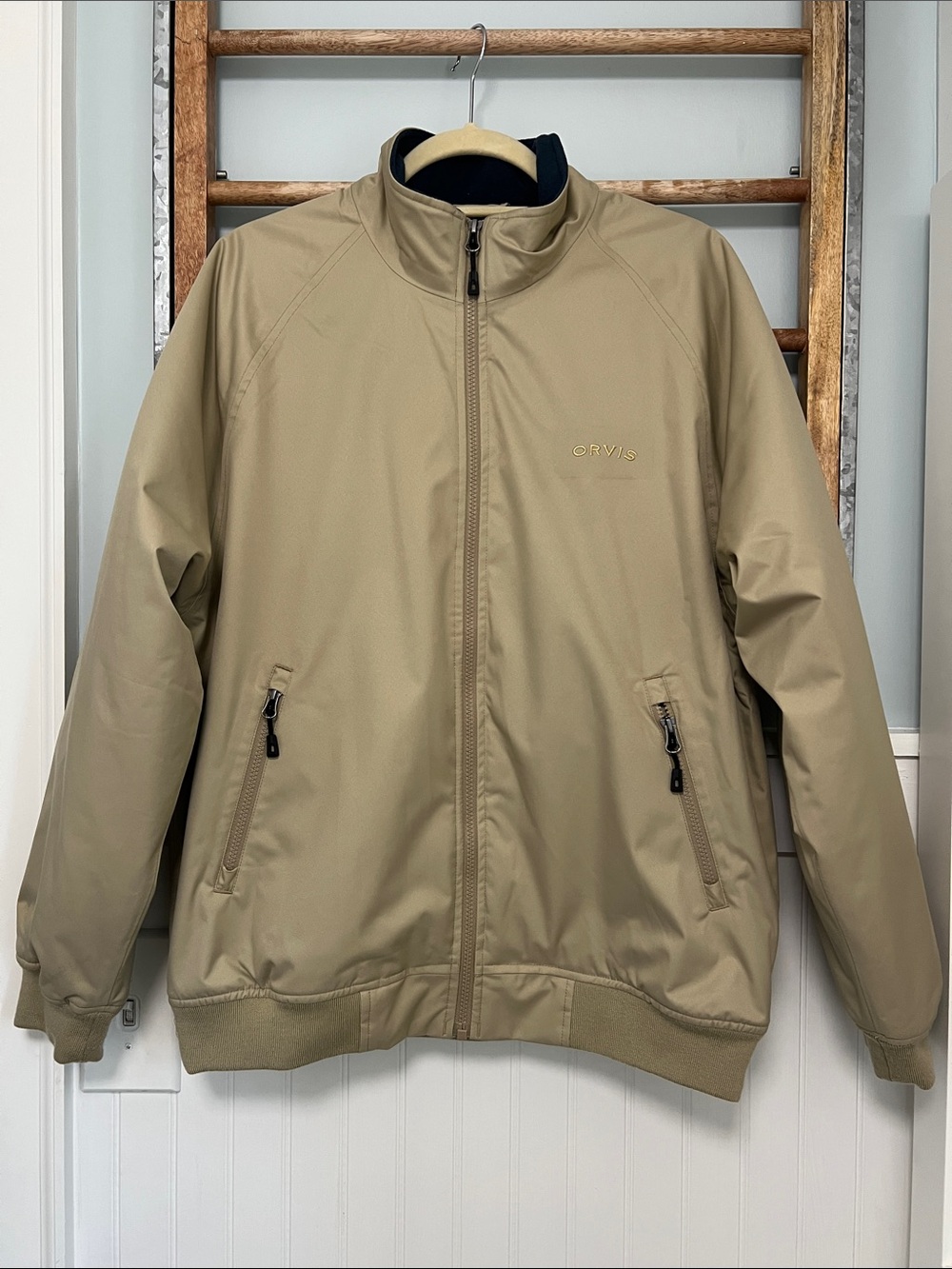 Orvis Mens weatherbreaker bomber full zip jacket tan khaki size medium